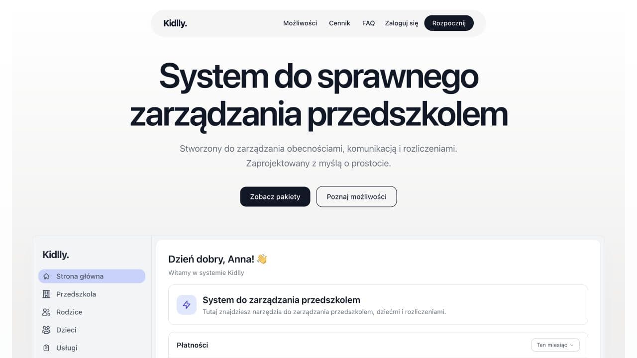 Kidlly landing page with the kindergarten management dashboard